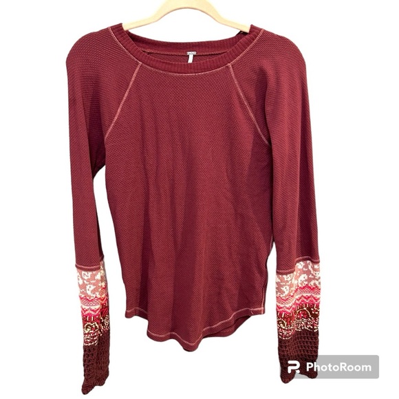 Free People In The Mix Cuff Thermal Top Size Large Maroon EUC A0571 - Picture 2 of 7